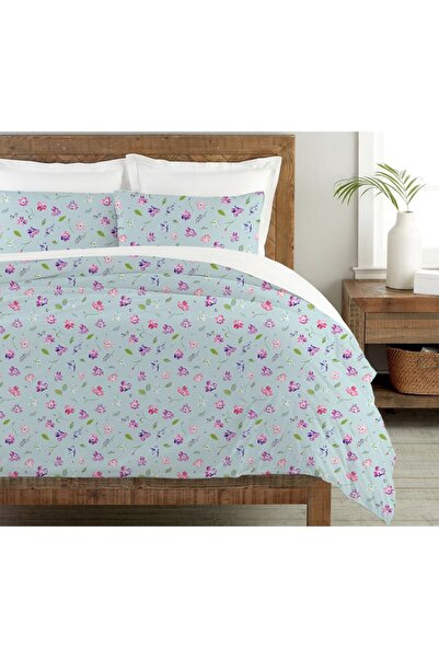 Evmila Set cuvertură de pilota dublă 200x220 Cm cu model de flori - Albastru