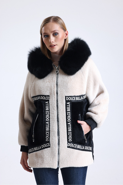 DOLCEBELLA Yakası Kürklü Kapitone Garnili Alcantara Ecru Kaban