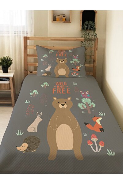 Evmila طقم بيكيه فردي مطبوع عليه دب للأطفال والرضع مقاس 160 × 220 سم رمادي