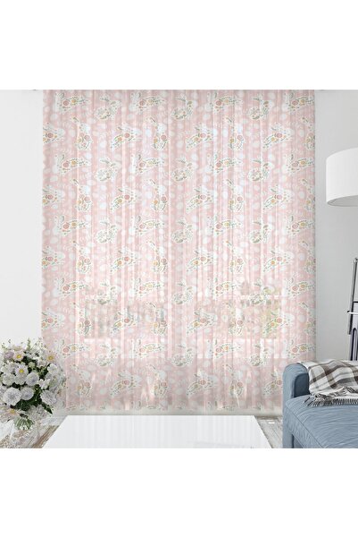 Evmila Baskılı Bebek Ve Çocuk Odası 140x260 Cm Tavşan Desenli Tül Perde - Pembe