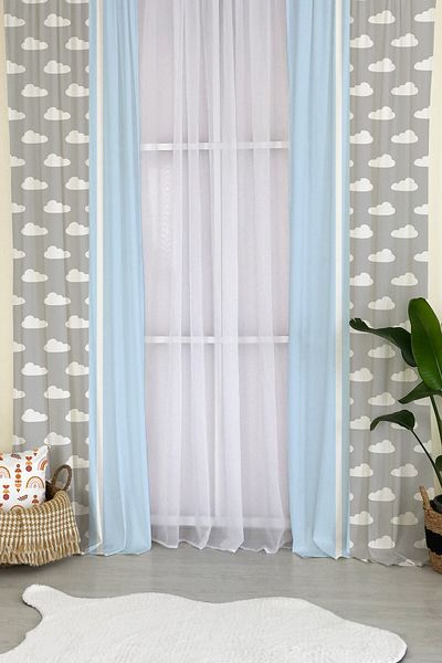 milroma Cloud Patterned Children's Room Background Curtain - Gray and Blue