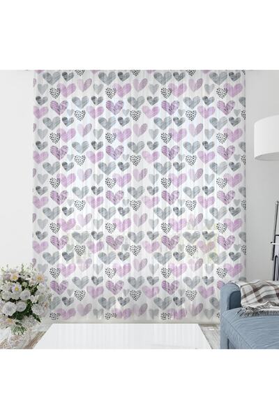 Evmila Mor Ve Siyah Kalp Desenli Tül Perde