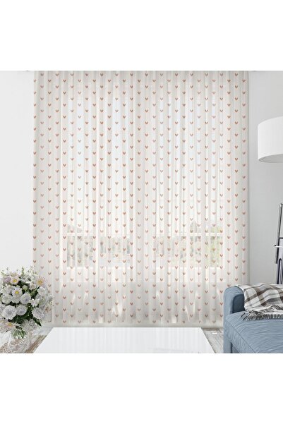 Evmila Baskılı Bebek Ve Çocuk Odası 140x260 Cm Kalp Desenli Tül Perde - Beyaz