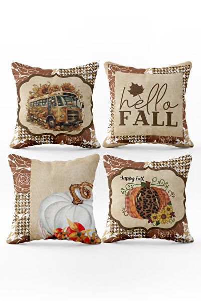 Evmila Kadife Doku Sonbahar Ve Halloween Özel Kabak Desenli 4'lü Kırlent Seti