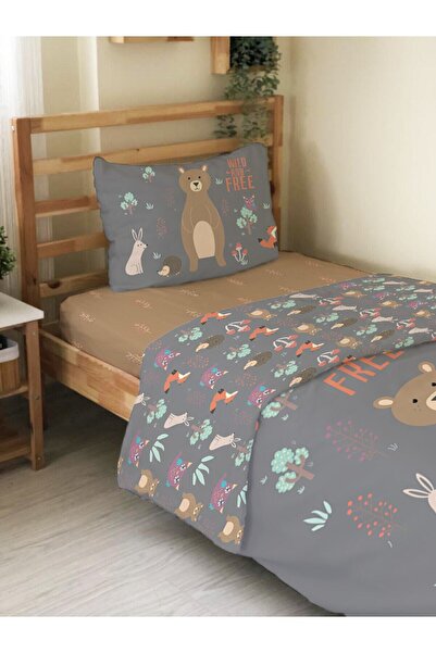 Evmila Çift Taraflı Hayvan Desenli Çarşafsız Takım Baskılı Tek Kişilik Nevresim Takımı Gri