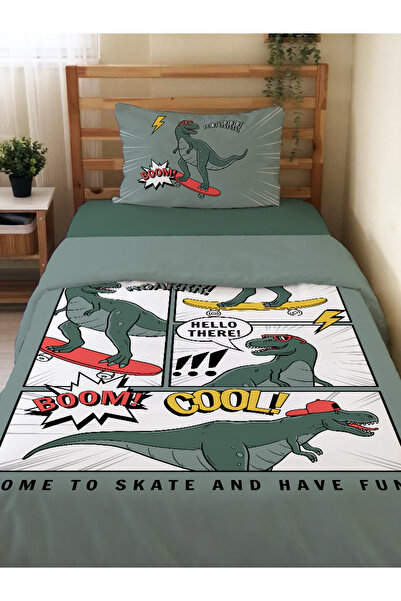 Evmila Çift Taraflı Dinozor Desenli Çarşafsız Takım Tek Kişilik Nevresim Takı...