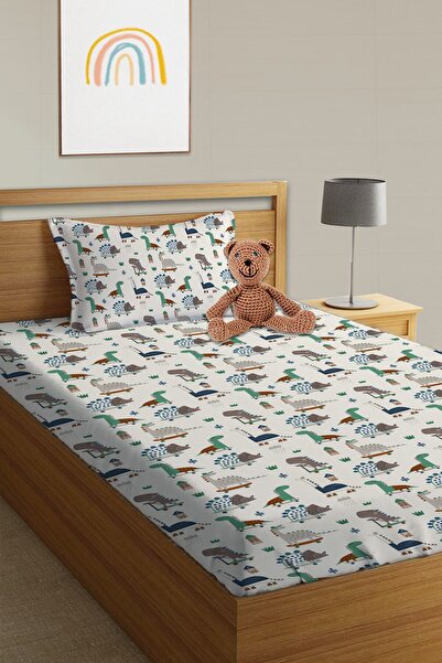 Evmila طقم ملاءة مطاطية مطبوعة بنمط ديناصور مقاس مفرد وطفل باللون الأبيض