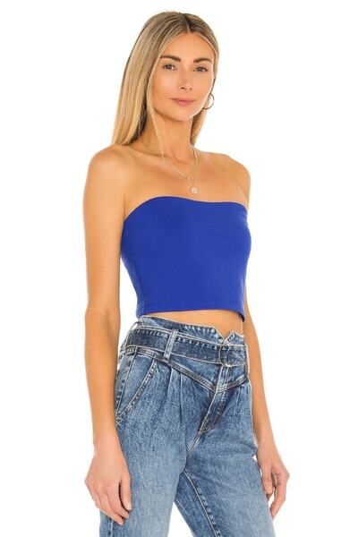 By Kul Design Μπλε Crop Top χωρίς λουράκια - Γυναικείο μεταξωτό ζέρσεϊ