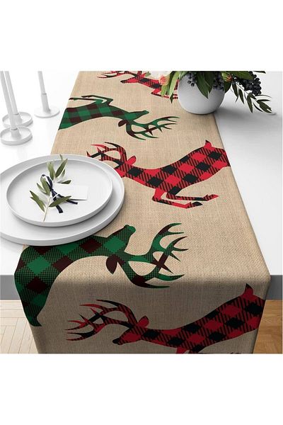 milroma Christmas Themed Velvet Runner with Deer Pattern