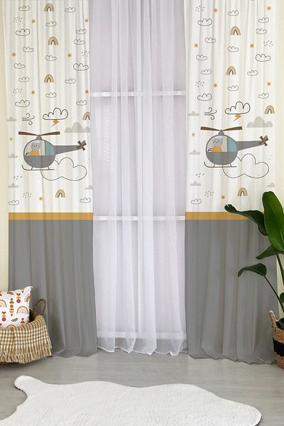 milroma Cat Using Helicopter Patterned Children's Room Background Curtain