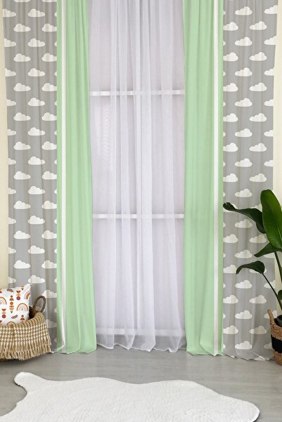 milroma Κουρτίνα φόντου παιδικού δωματίου με σχέδιο σύννεφα - γκρι και πράσινο