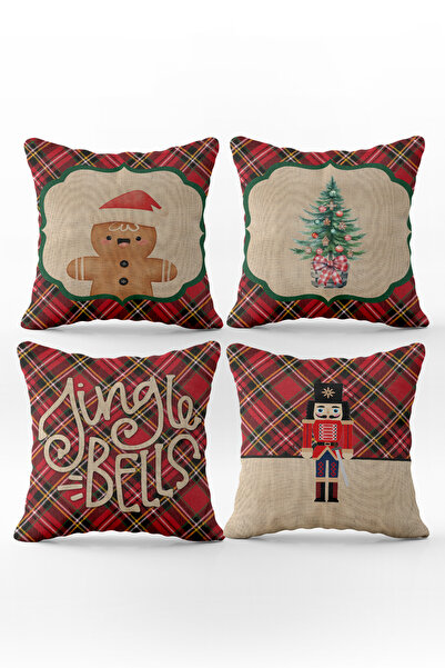 Evmila Çift Taraf Baskılı Kadife Doku Yılbaşı Desenli 4'lü Kırlent Seti