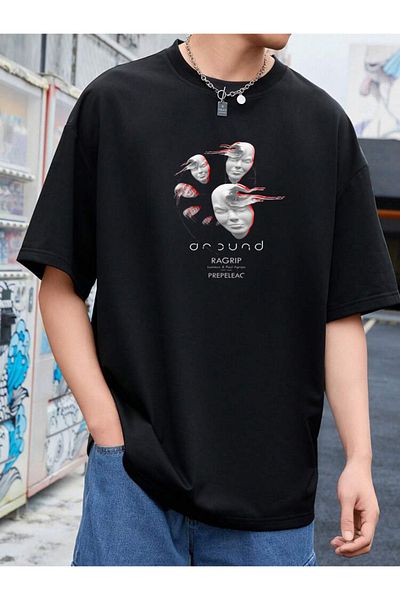 DEEPSENCE Unisex Ragrip Printed Oversize Black T-shirt