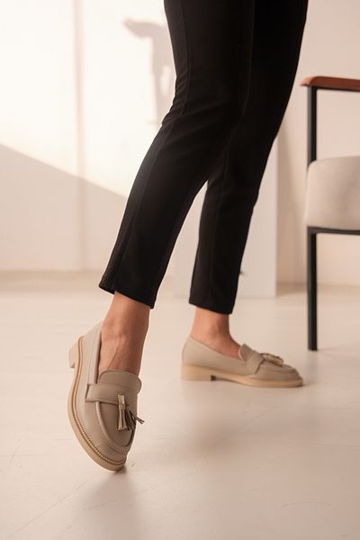 DİVOLYA Pantofi de damă Loafer cu talpă subțire cu ciucuri din piele bej Gaby (3CM).
