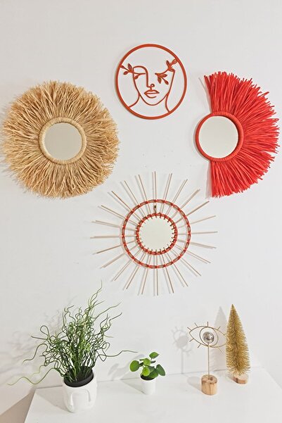 Bubihome Turuncu Rafya & Bambu Ayna & Bohem Pano 4'lü Set