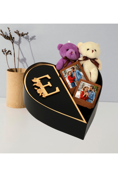 GİFTSTİME Kişiye Özel Aynalı Pleksi Baş Harf Tasarımlı Kalp Kutu Ve Çift Pelu...