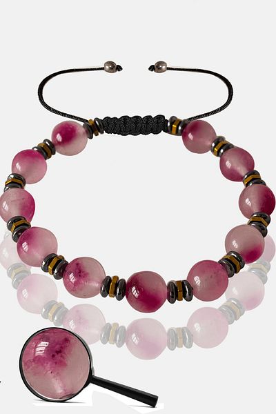 Tesbih Atölyesi Certified Rose Hematite Pink Colored Quartz Stone Bracelet - Adjustable