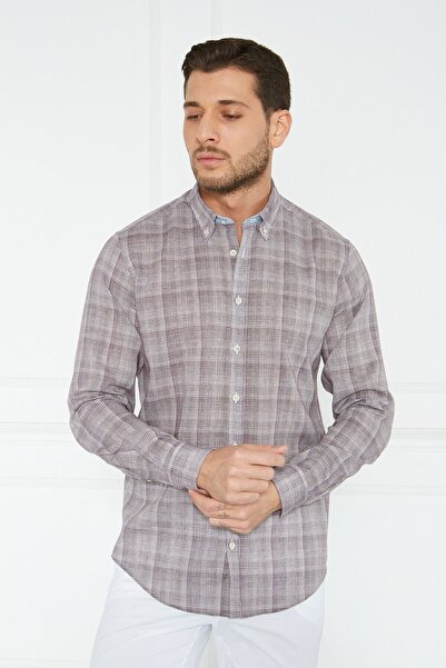 Paşahan Giorgianni Бордо-біла сорочка з ґудзиками та коміром у клітинку, з льону, slim fit