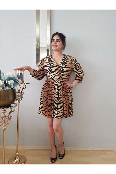 FERGAN فستان نسائي قصير من الشيفون بأكمام طويلة ورقبة متأرجحة باللون البني ال...