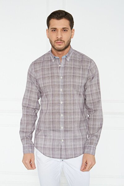 Paşahan Giorgianni Бордо-біла сорочка з ґудзиками та коміром у клітинку, з льону, slim fit