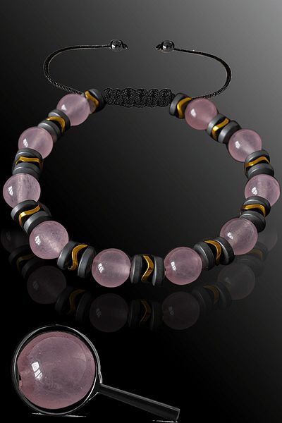 Tesbih Atölyesi Certified Real Matte Hematite - Pink Quartz Stone Bracelet - Adjustable