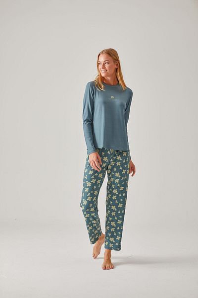 Pamuk & Pamuk Viscose Women's Pajama Set - Dark Green Floral Printed, Crew Neck