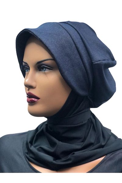 eflin Women's Hijab Hijab Clothing Cap Hat Denim Navy Blue Bonnet Black