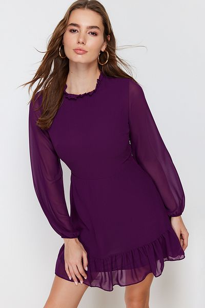 Trendyol Collection Mini rochie din șifon cu volane în linie A - guler ridicat și căptușeală, iarnă TWOAW24EL00722