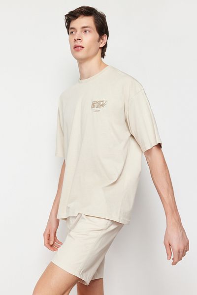 Trendyol Collection Beiges, übergroßes, bedrucktes Baumwoll-T-Shirt - TMNSS24TS00052
