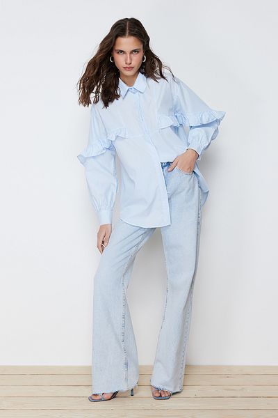 Trendyol Modest Cămașă din bumbac cu detaliu cu volane albastre TCTSS24TG00019