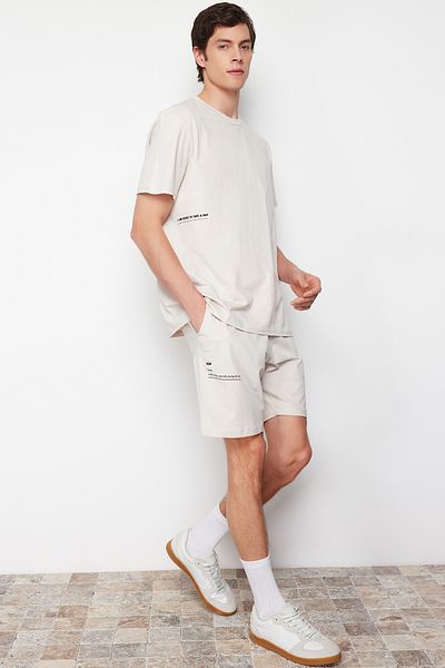 Trendyol Collection Béžová sada pletených šortek s potiskem Slogan TMNSS24PT00001