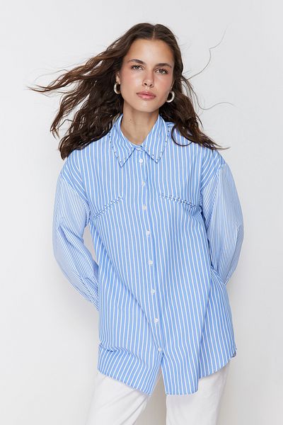 Trendyol Modest Cămașă cu dungi din bumbac cu detalii Blue Stone TCTSS24TG00034