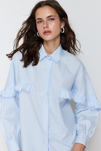 Trendyol Modest Modrá bavlněná košile s volánem TCTSS24TG00019