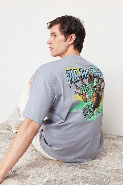 Trendyol Collection Gray Bowling Back Printed Oversize Cotton T-Shirt - Tmnss24Ts00065