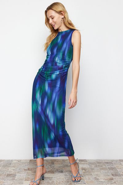 Trendyol Collection Multi-Colored Gather/Drape Detailed Patterned Fitted Maxi Flexible Knitted Pencil Dress TWOSS24EL00078