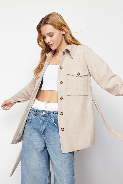 Trendyol Collection Kabát bundy s páskem - Regular Fit, Stone Twoaw24Mo00171