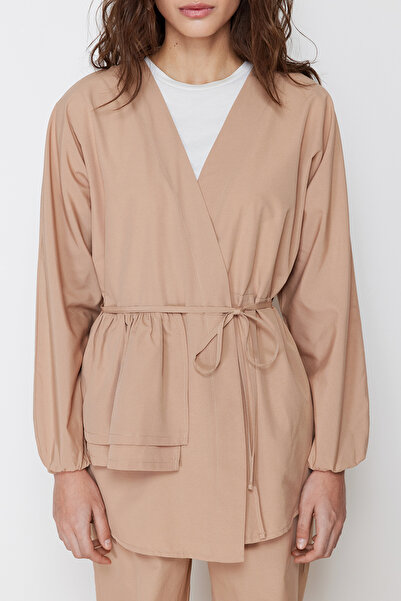 Trendyol Modest Beige Cotton Woven Kimono Trousers Top and Bottom Set TCTSS24US00027