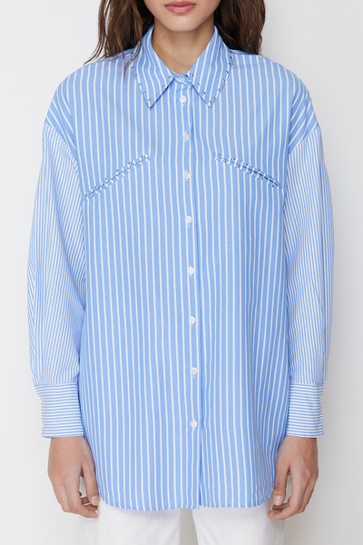 Trendyol Modest Cămașă cu dungi din bumbac cu detalii Blue Stone TCTSS24TG00034