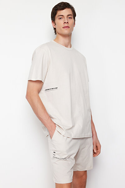 Trendyol Collection Beige Slogan Printed Knitted Shorts Pajamas Set TMNSS24PT00001