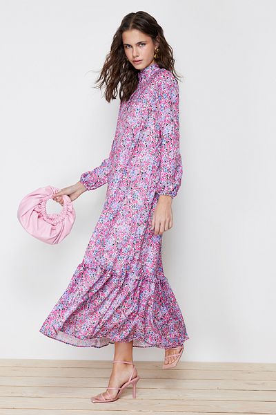 Trendyol Modest Lila virágmintás fodros részletes szőtt ruha TCTSS21EL3353
