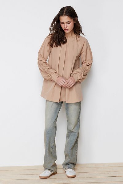 Trendyol Modest Beige Sleeves Gather Detailed Cotton Woven Tunic TCTSS24UK00008