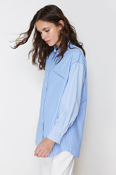 Trendyol Modest Cămașă cu dungi din bumbac cu detalii Blue Stone TCTSS24TG00034