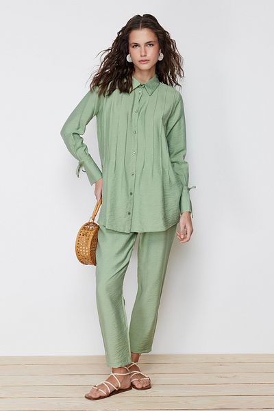 Trendyol Modest Khaki Pleat Detailed Woven Linen Look Shirt Pants Bottom Top Set TCTSS24US00018