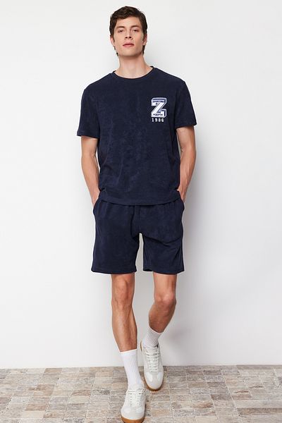 Trendyol Collection Navy Blue Regular Fit Embroidered Towel Fabric Pajamas Set with Shorts TMNSS24PT00006