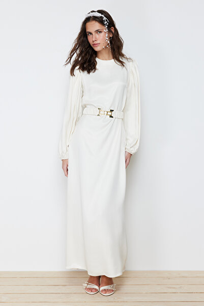 Trendyol Modest Ecru Satin Long Evening Dress - TCTSS24DB00041 for Wedding and Special Occasion