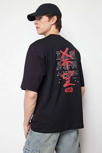 Trendyol Collection Far EasT PaTTerned Black Oversize T-shirt - TMNSS24TS00020