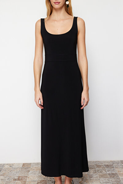 Trendyol Collection Black Straight Maxi Straps Skater/Opening at Waist Stretchy Knitted Dress Twoss24El00411