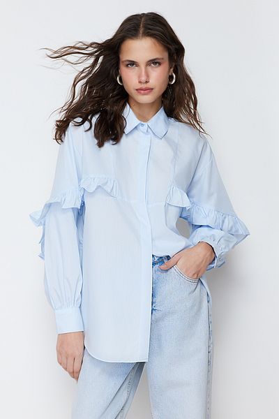 Trendyol Modest Cămașă din bumbac cu detaliu cu volane albastre TCTSS24TG00019