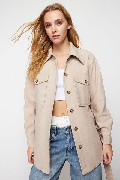 Trendyol Collection Kabát bundy s páskem - Regular Fit, Stone Twoaw24Mo00171