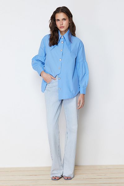 Trendyol Modest Cămașă țesută din bumbac, accesoriu pentru guler pentru bebeluș albastru TCTSS24TG00029